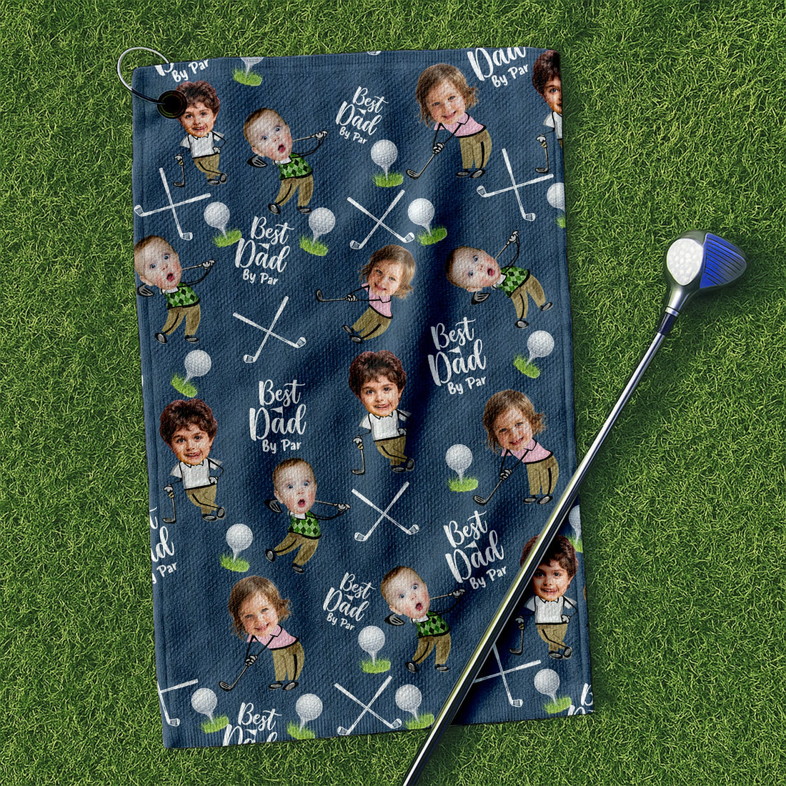Custom Golf Towel With Kids Photo Best Dad By Par, Custom Photo Blue Towel, Christmas Golf Gift