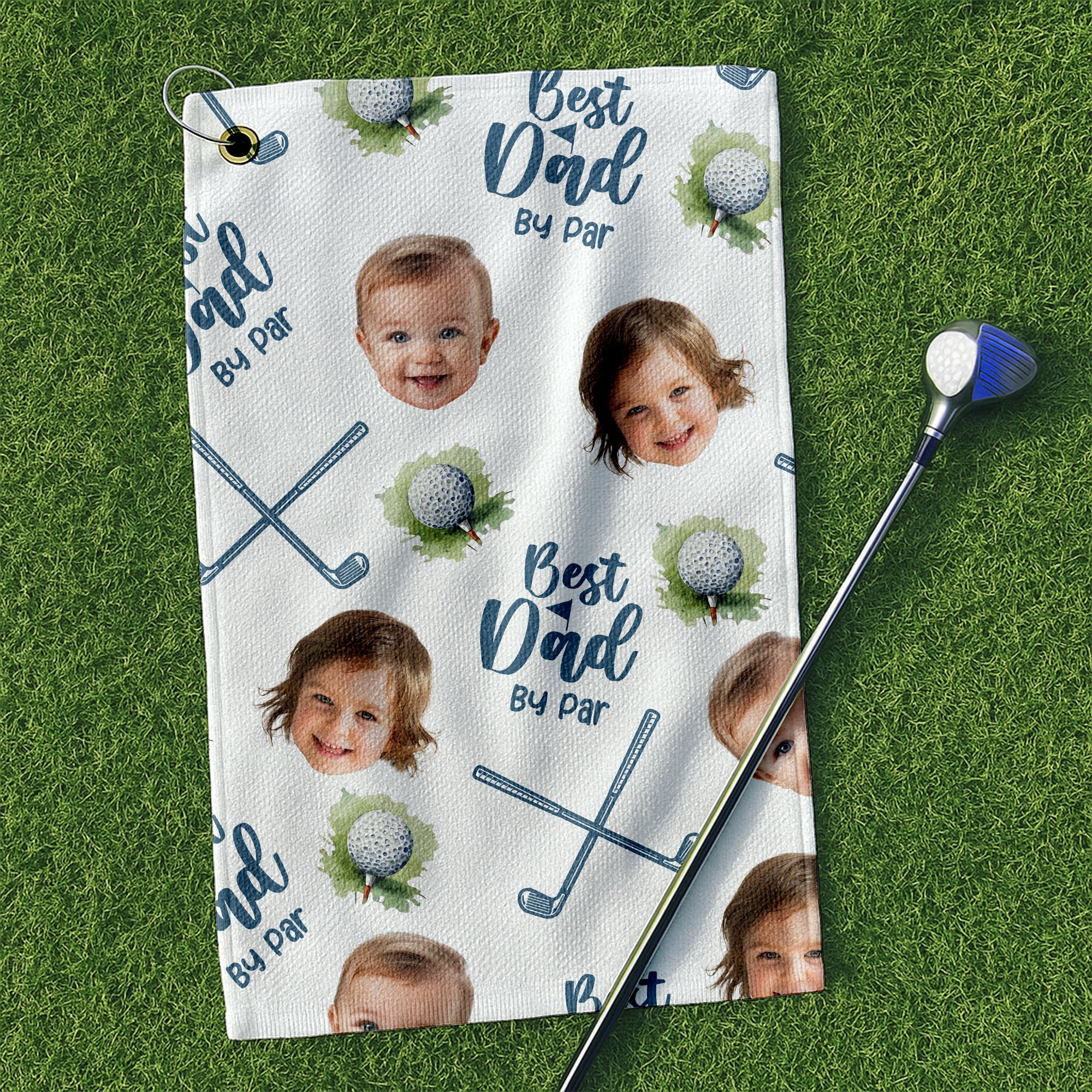 Best Dad By Par Custom Kids Face Funny Golf Towel, Golf Gifts For Dad, Gift For The Golfing Dad