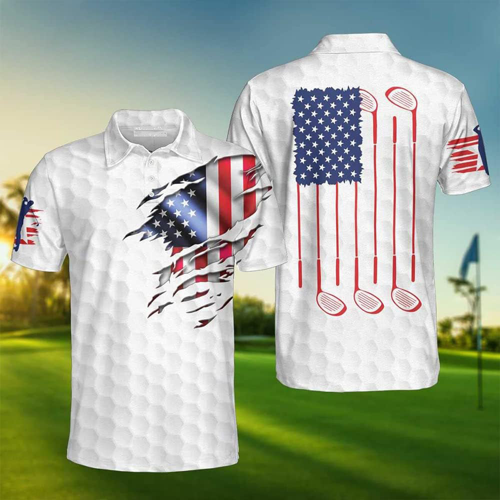 American Flag Men's Golf Polo Shirt, Patriotic Golf Shirt, Gift For Golfers
