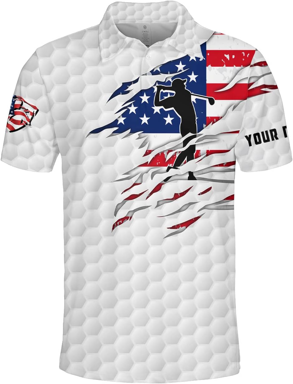 American Flag Personalized Men's Golf Polo Shirt, Patriotic Golf Shirt, Gift For Golfers