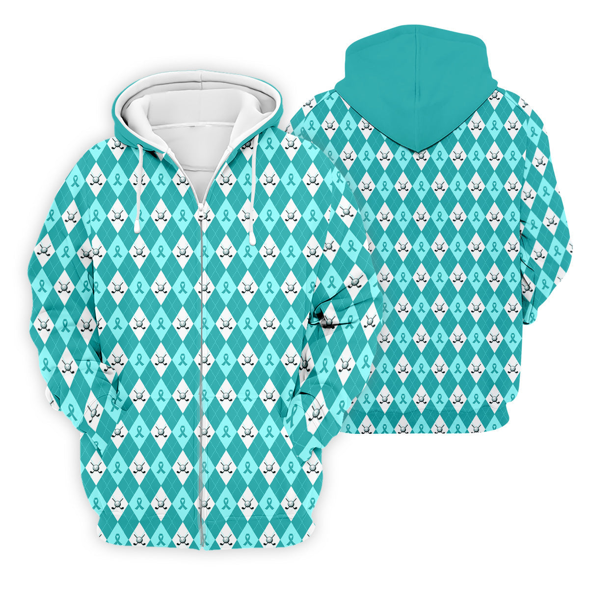 Ovarian Cancer Teal Argyle Men's Golf Polo Shirt, Ovarian Cancer Awareness Shirt, Golf Gift For Men