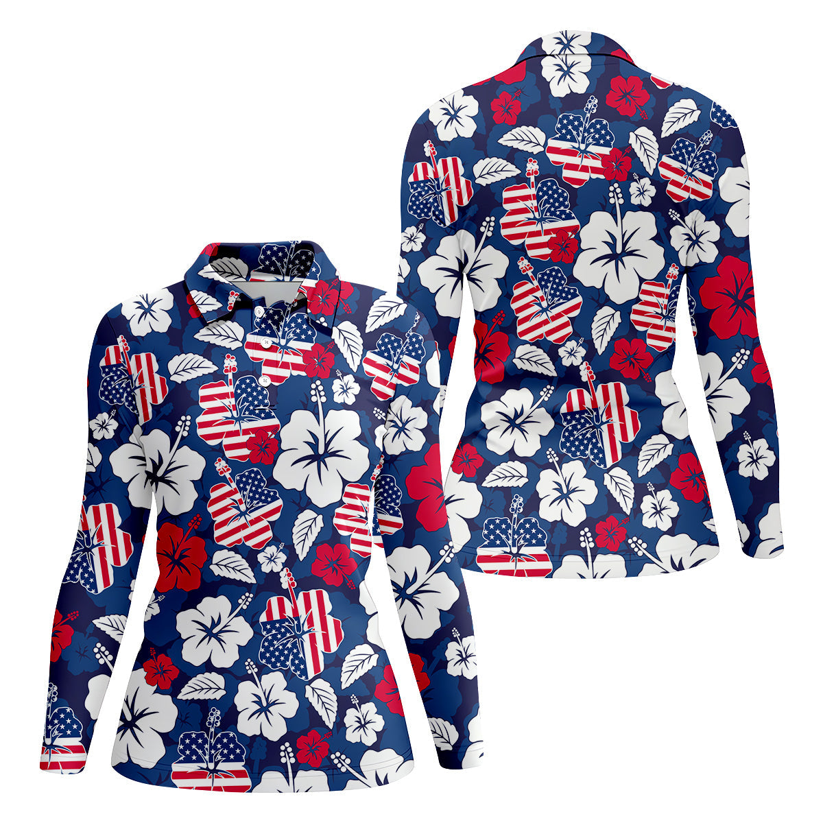 Tropical Hibiscus American Flag Womens Golf Polo Shirt,  Patriotic Golf Shirt, USA Golf Shirt Custom Ladies Golf Shirt