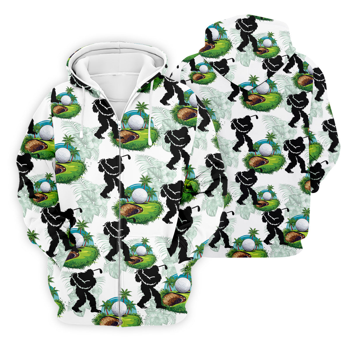 Tropical Golf Cart Bigfoot Golf Shirt, Funny Bigfoot Mens Golf Polo Shirts, Cool Golf Gifts, Golfing Apparel
