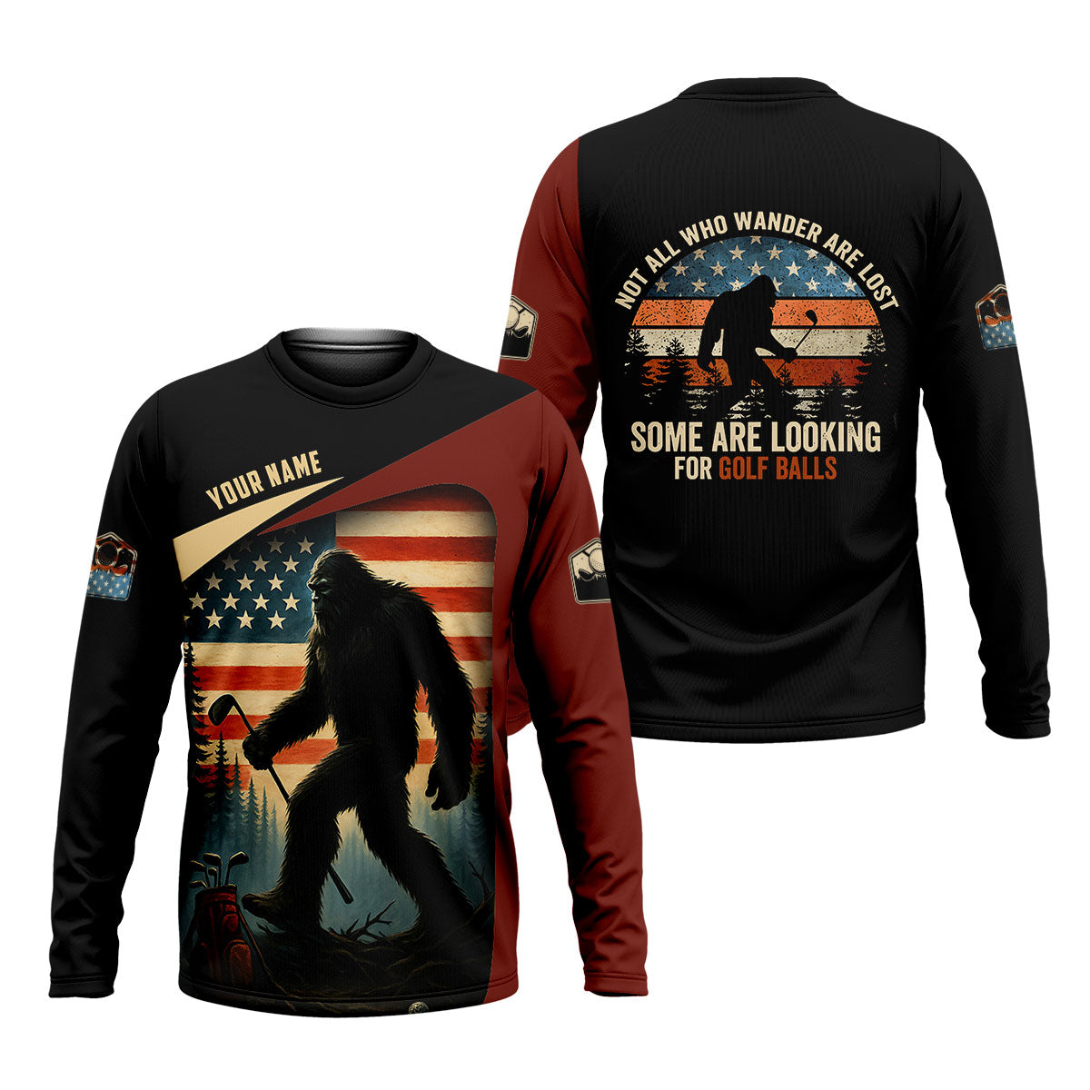 Bigfoot Golf Shirt, Patriotic Golf Polo Shirts, Men's Long Seeve Golf Shirts, Golf Gifts For Men