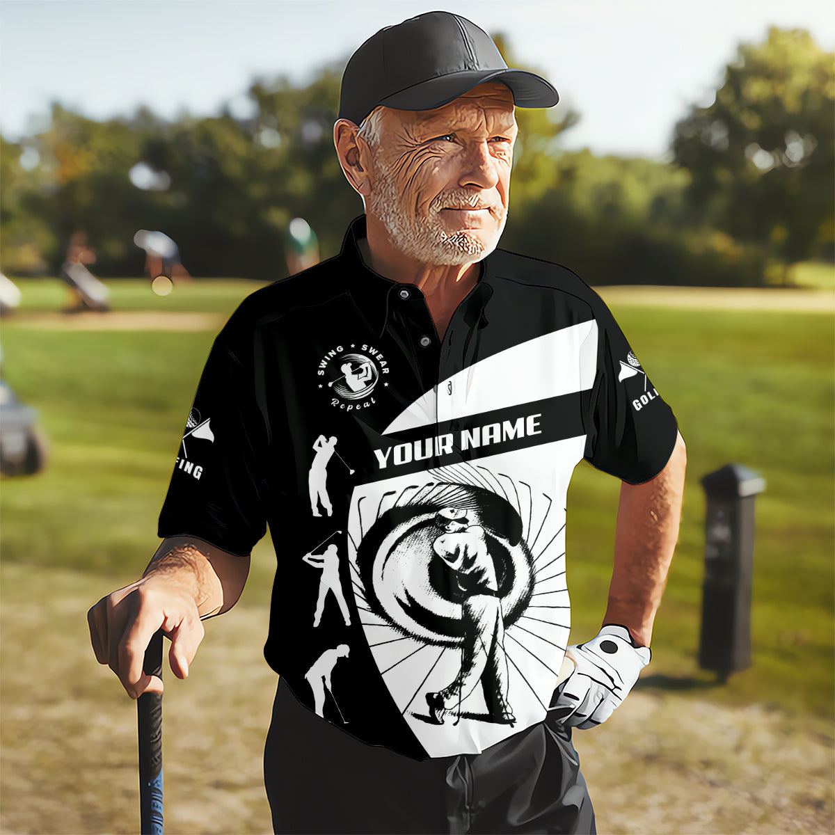 Swing Swear Repeat Custom Funny Golf Polo Shirt, Dad Golf Gifts
