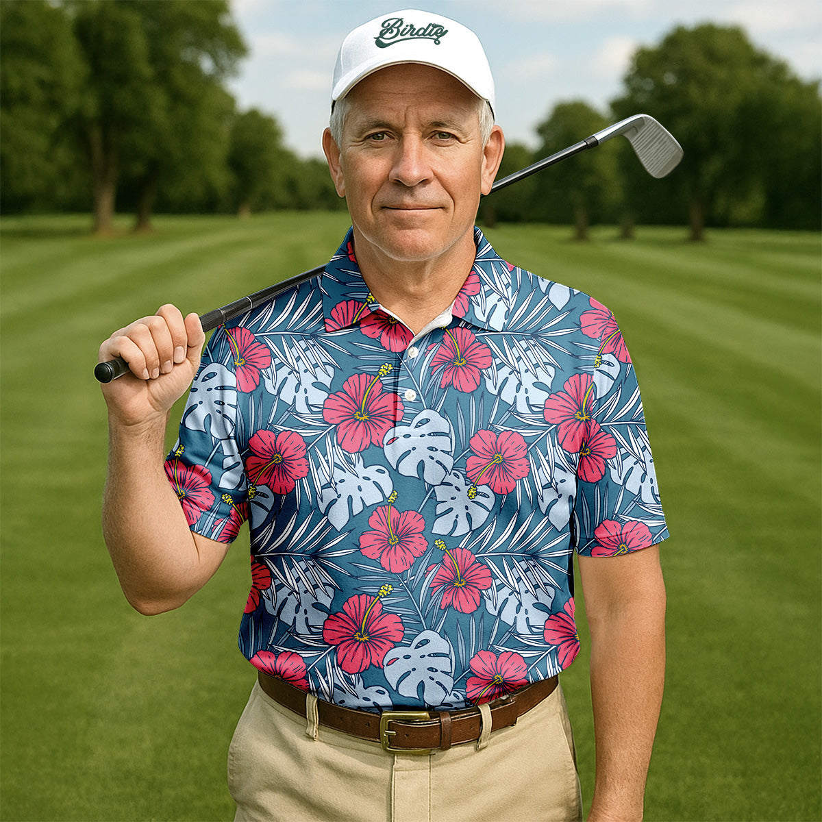 Hibiscus Flower And Leaf Patterned Golf Shirts, Men Golf Polo, Hawaiian Polo Golf Shirts, Matching Golf Shirts