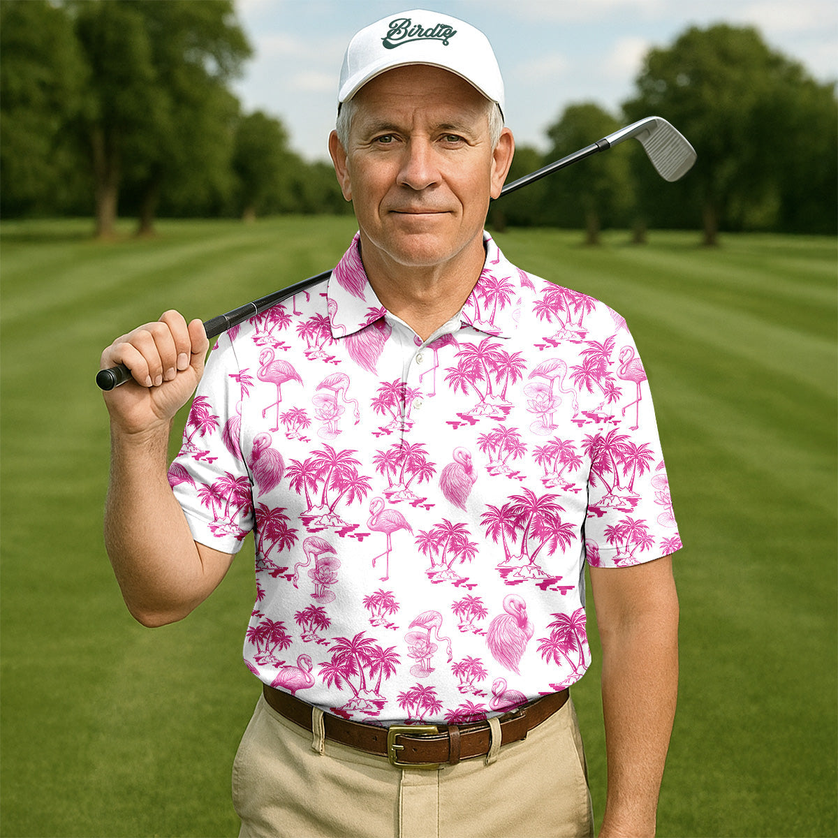 Funny Flamingo Coconut Men Polo Shirt, Fun Golf Polos For Men, Golf Shirts, Dad Golf Gift, Polo Golf