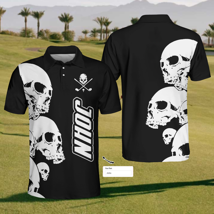 Custom Black Skull Mens Golf Polo Shirt, Mens Golf Gift, Golf Gifts For Golfers