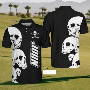 Custom Black Skull Mens Golf Polo Shirt, Mens Golf Gift, Golf Gifts For Golfers