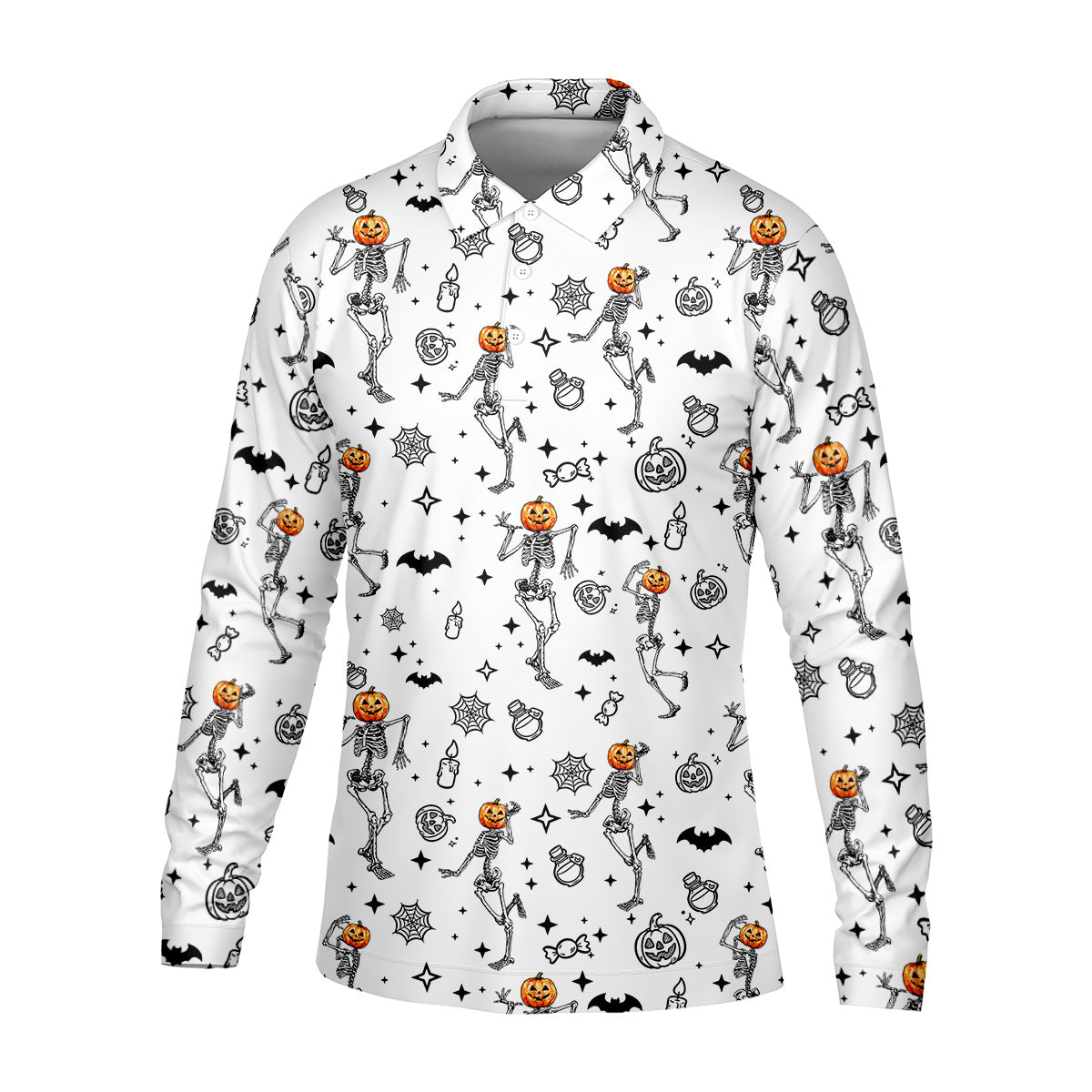 Skeleton Golf Shirt, Halloween Golf Shirt, Fun Golf Polos, Men's Long Seeve Golf Shirts, Golf Gifts For Men