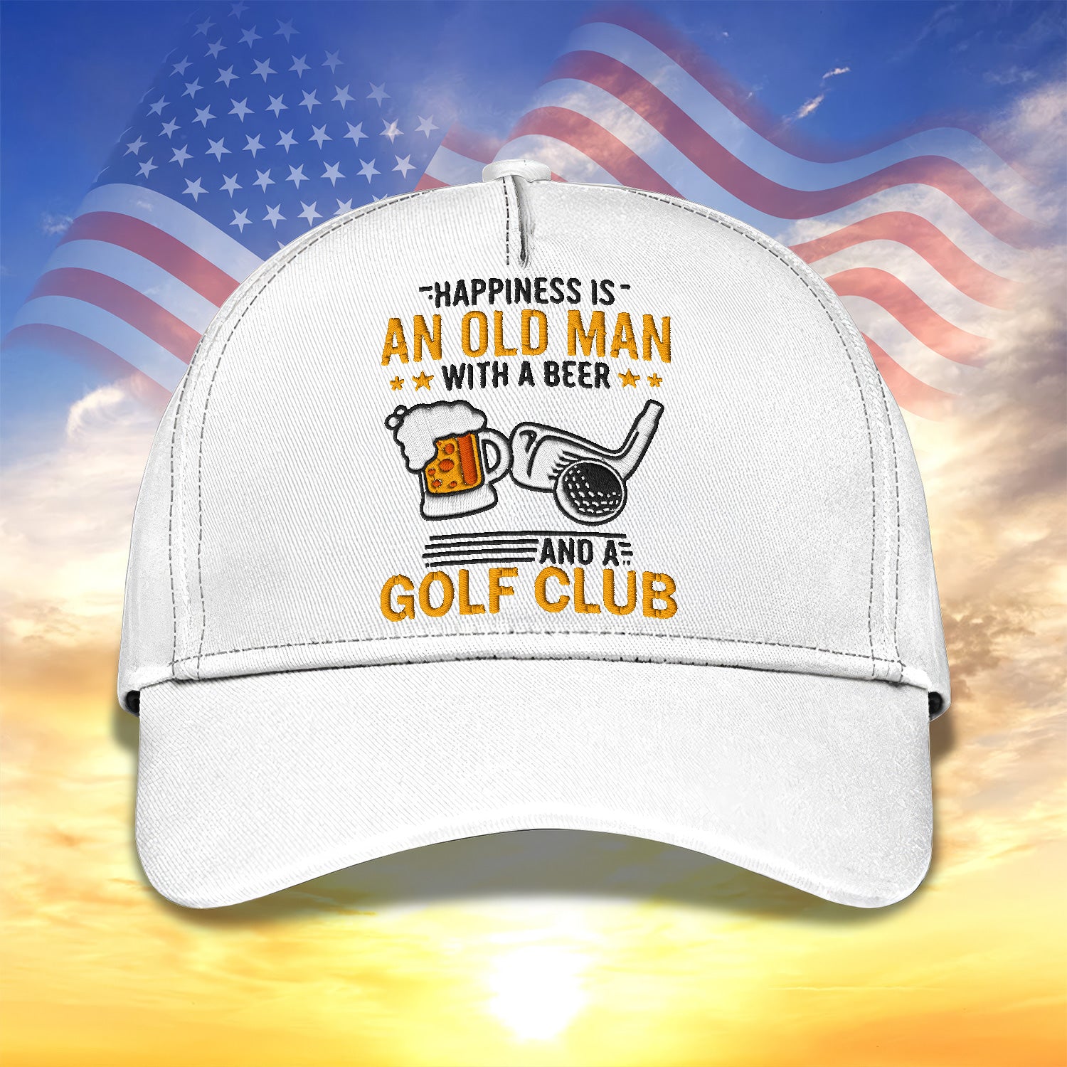 Happiness Is An Old Man With A Beer And A Golf Club Embroidered Baseball Cap, Golf Hat, Dad Golf Gift