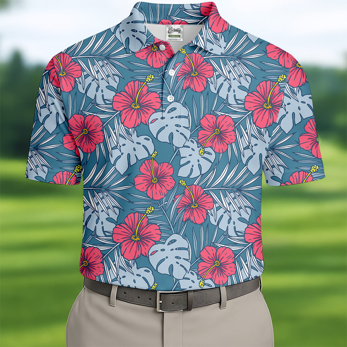 Hibiscus Flower And Leaf Patterned Golf Shirts, Men Golf Polo, Hawaiian Polo Golf Shirts, Matching Golf Shirts