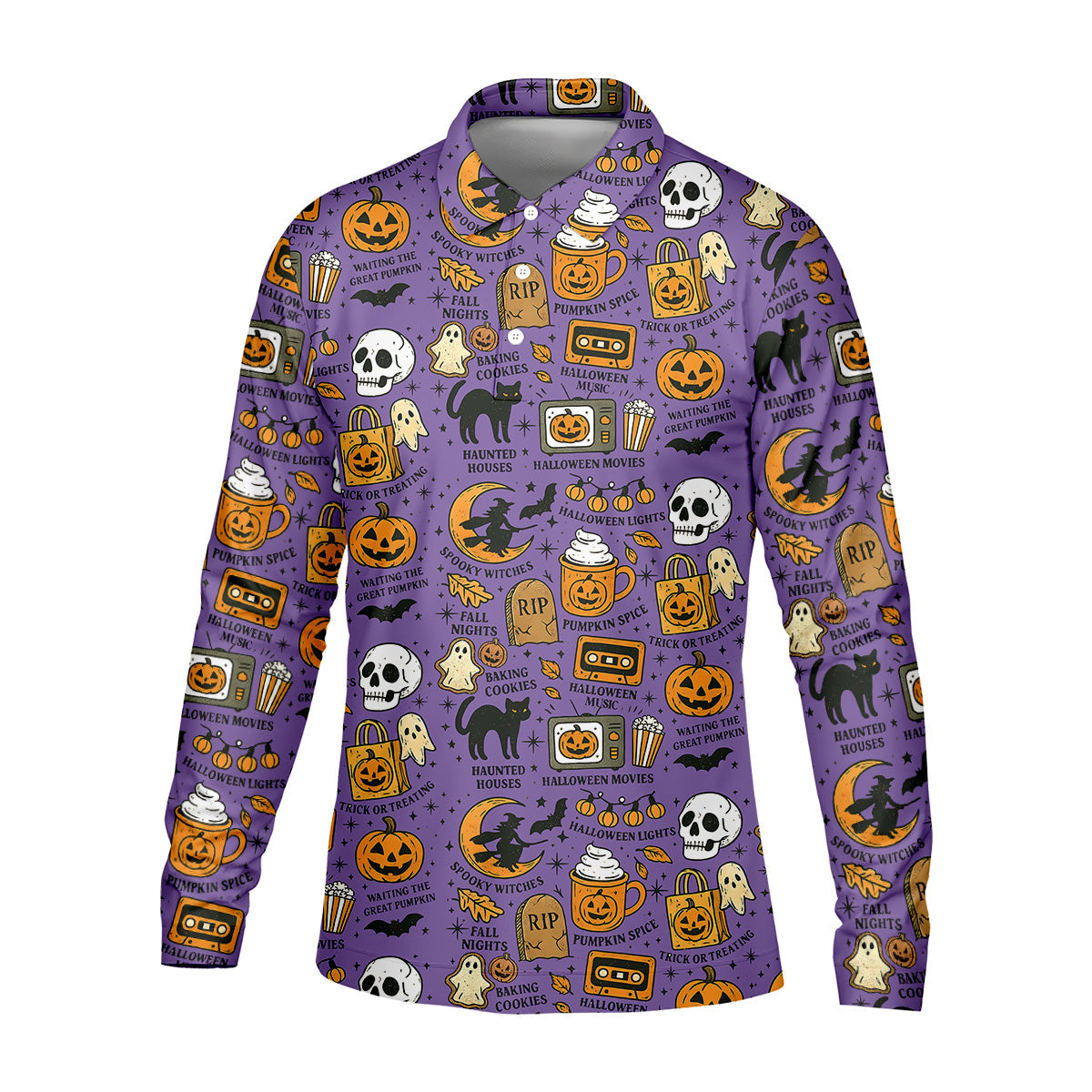 Purple Halloween Skull Golf Shirt, Spooky Cat, Mens Golf Polo Shirts, Halloween Theme Shirts, Golfing Apparel