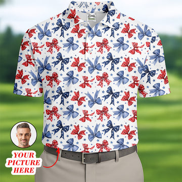Red White & Blue Bows Shirt, Men's 4th Of July Shirts, Funny Mens Golf Polo Shirt, Gift For Golfing Dad
