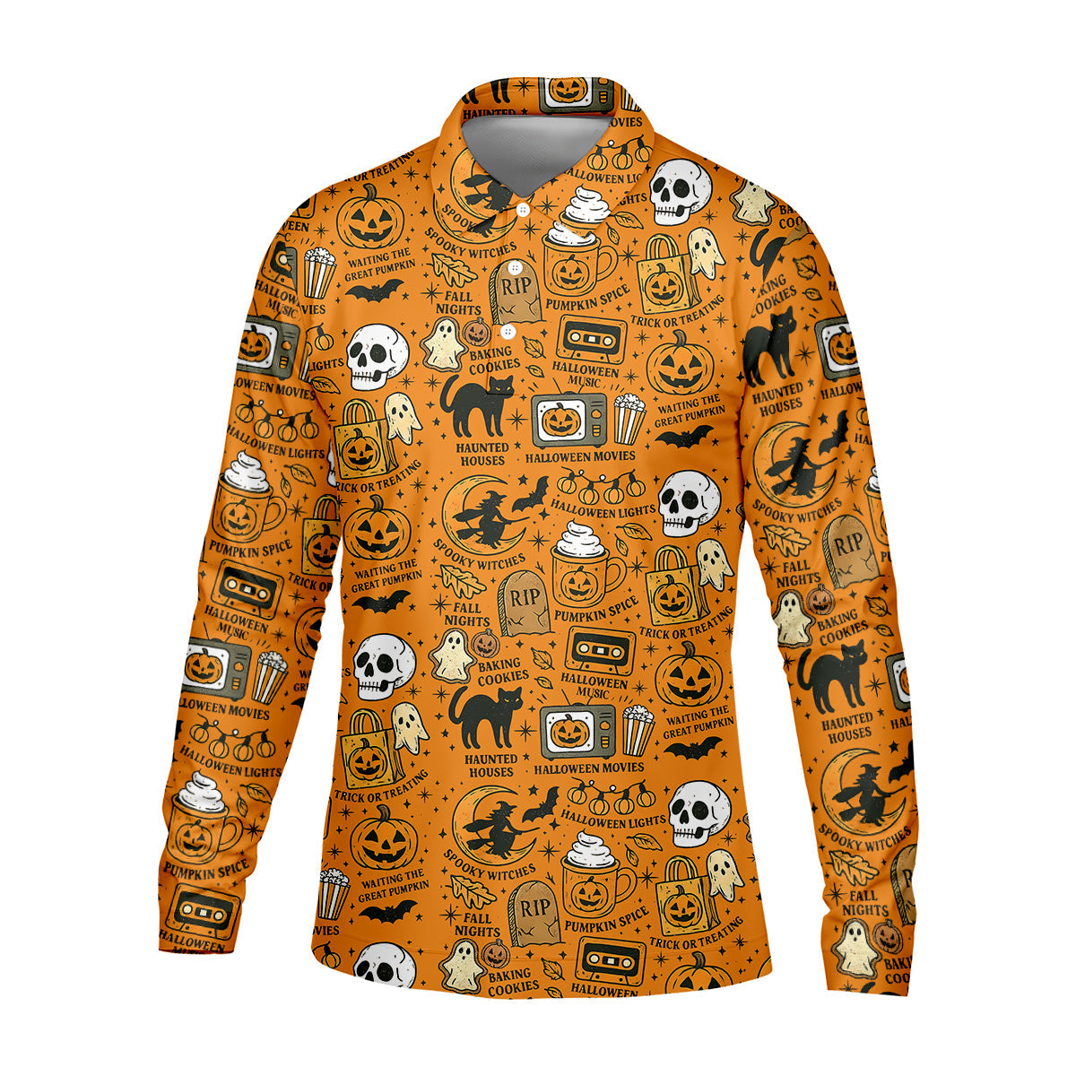 Orange Halloween Cat Golf Polo Shirts, Halloween Theme Shirts, Mens Golf Polo Shirts, Golfing Apparel