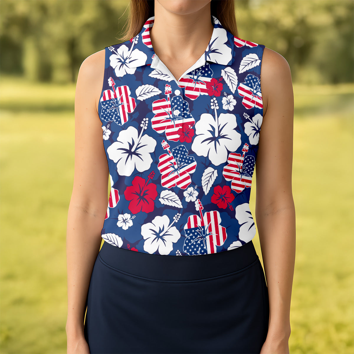 Tropical Hibiscus American Flag Womens Golf Polo Shirt,  Patriotic Golf Shirt, USA Golf Shirt Custom Ladies Golf Shirt
