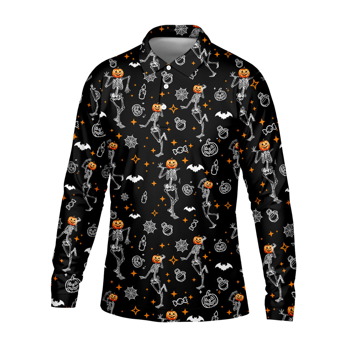 Skeleton Black Golf Shirt, Halloween Golf Shirt, Fun Golf Polos, Men's Long Seeve Golf Shirts, Golf Gifts For Men