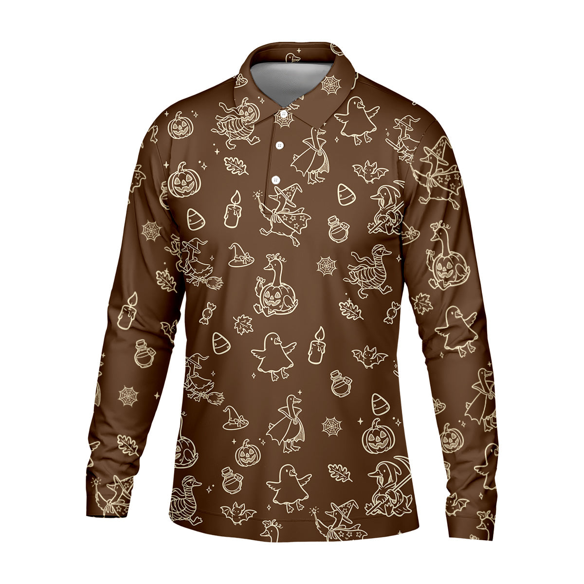 Goose Halloween Golf Shirt, Pumpkin Pattern Golf Shirt, Brown Golf Polo, Long Sleeve Golf Shirts, Men Golf Polo