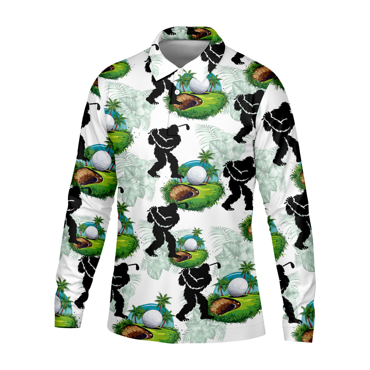 Tropical Golf Cart Bigfoot Golf Shirt, Funny Bigfoot Mens Golf Polo Shirts, Cool Golf Gifts, Golfing Apparel