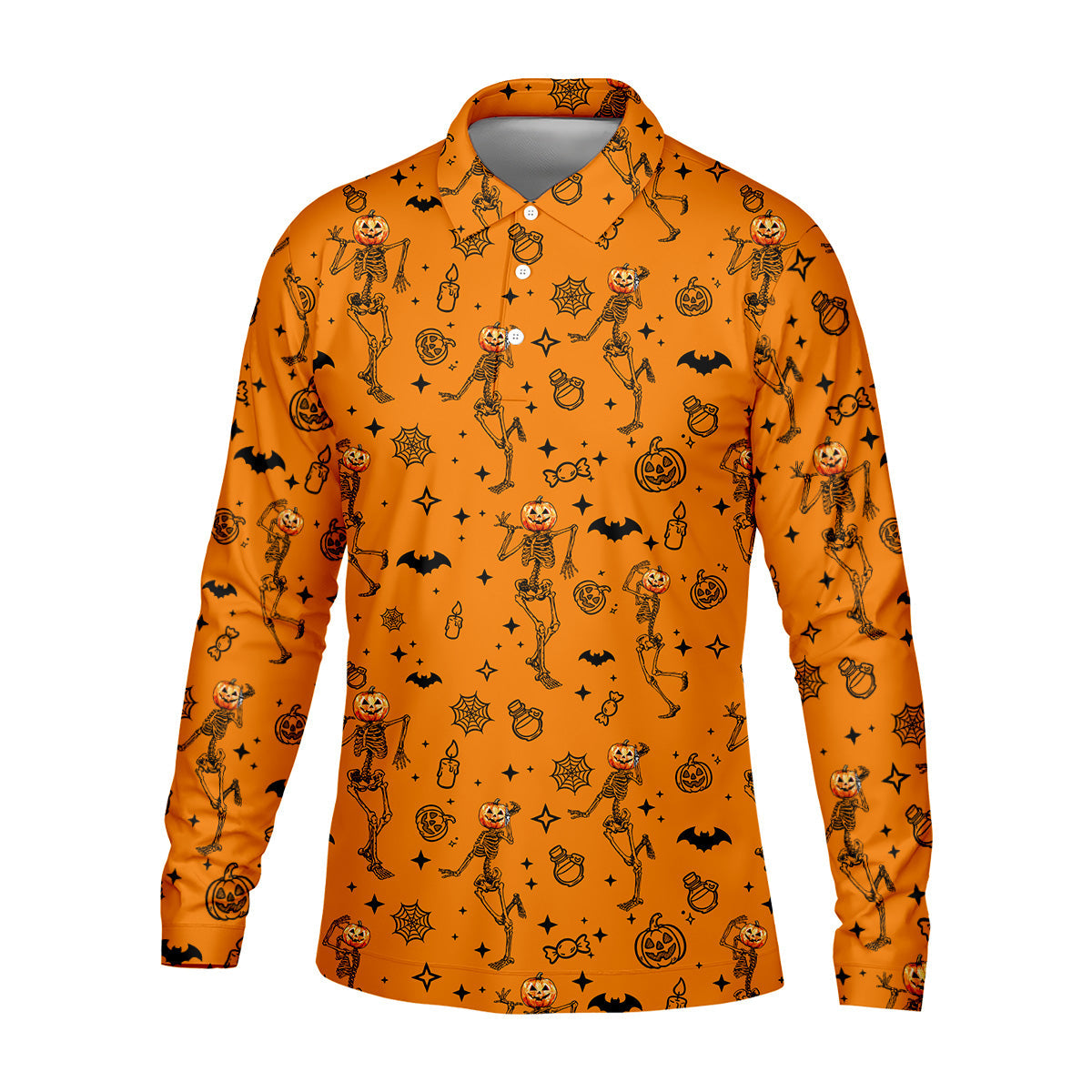 Skeleton Orange Golf Shirt, Halloween Golf Shirt, Fun Golf Polos, Men's Long Seeve Golf Shirts, Golf Gifts For Men