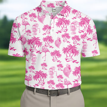 Funny Flamingo Coconut Men Polo Shirt, Fun Golf Polos For Men, Golf Shirts, Dad Golf Gift, Polo Golf