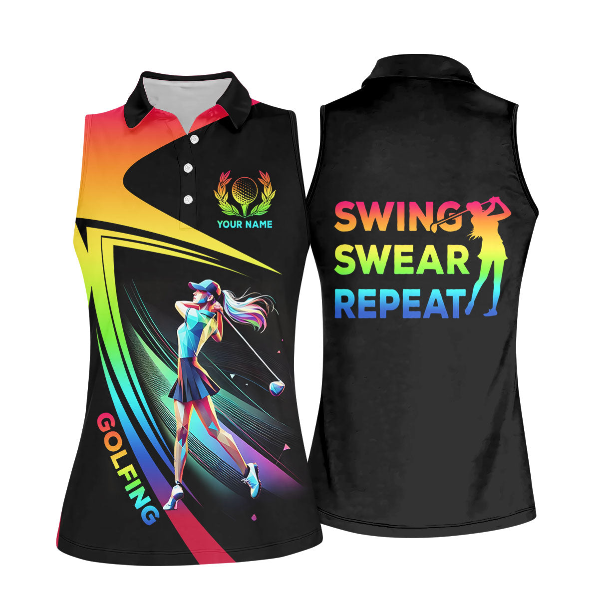 Swing Swear Repeat Personalized Funny Golf Polo Shirt,  Custom Ladies Golf Shirt