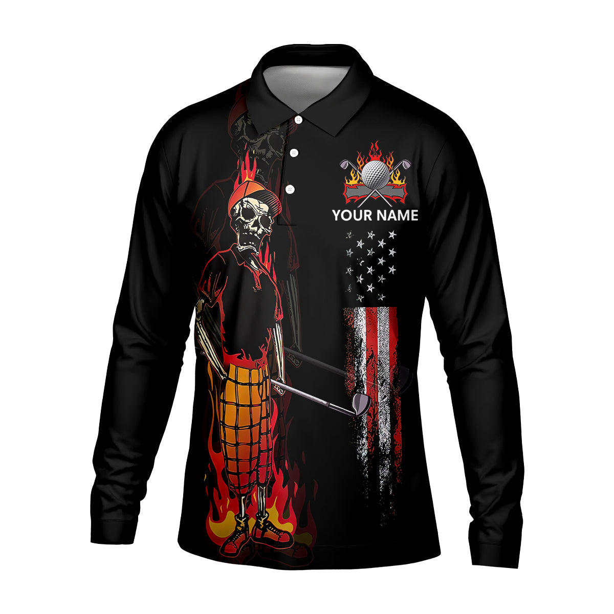 Custom Flaming Skeleton Men's Golf Polo Shirt, Mens Golf Gift, Funny Golf Shirt