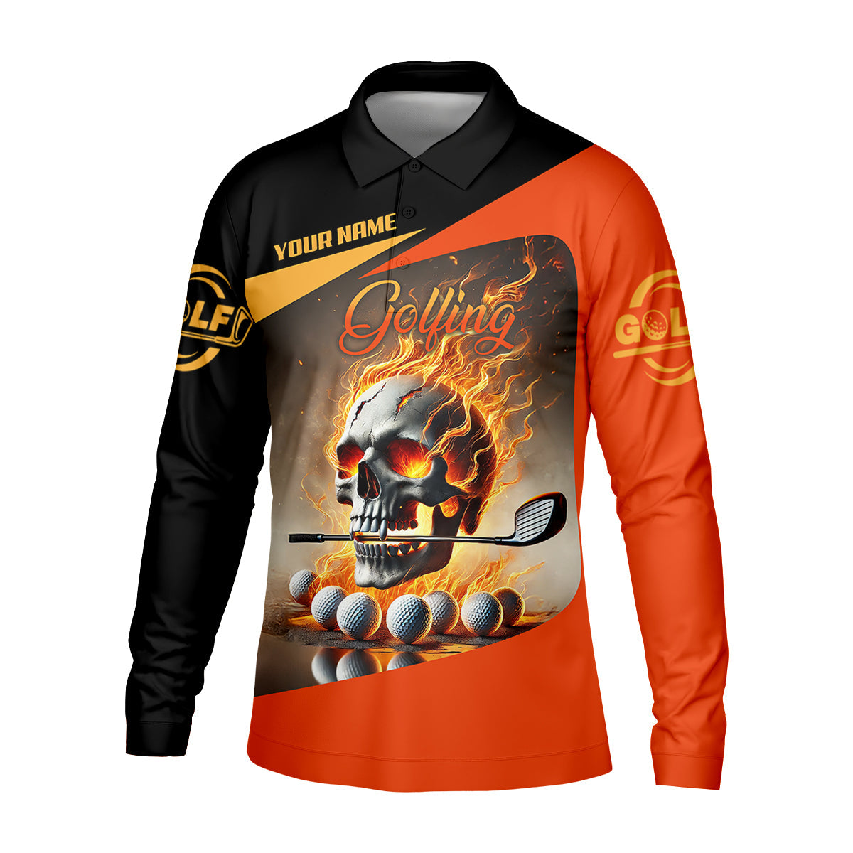 Custom Flame Skull Golf Polo Shirt, Golfing Apparel, Mens Golf Gift, Funny Golf Shirt