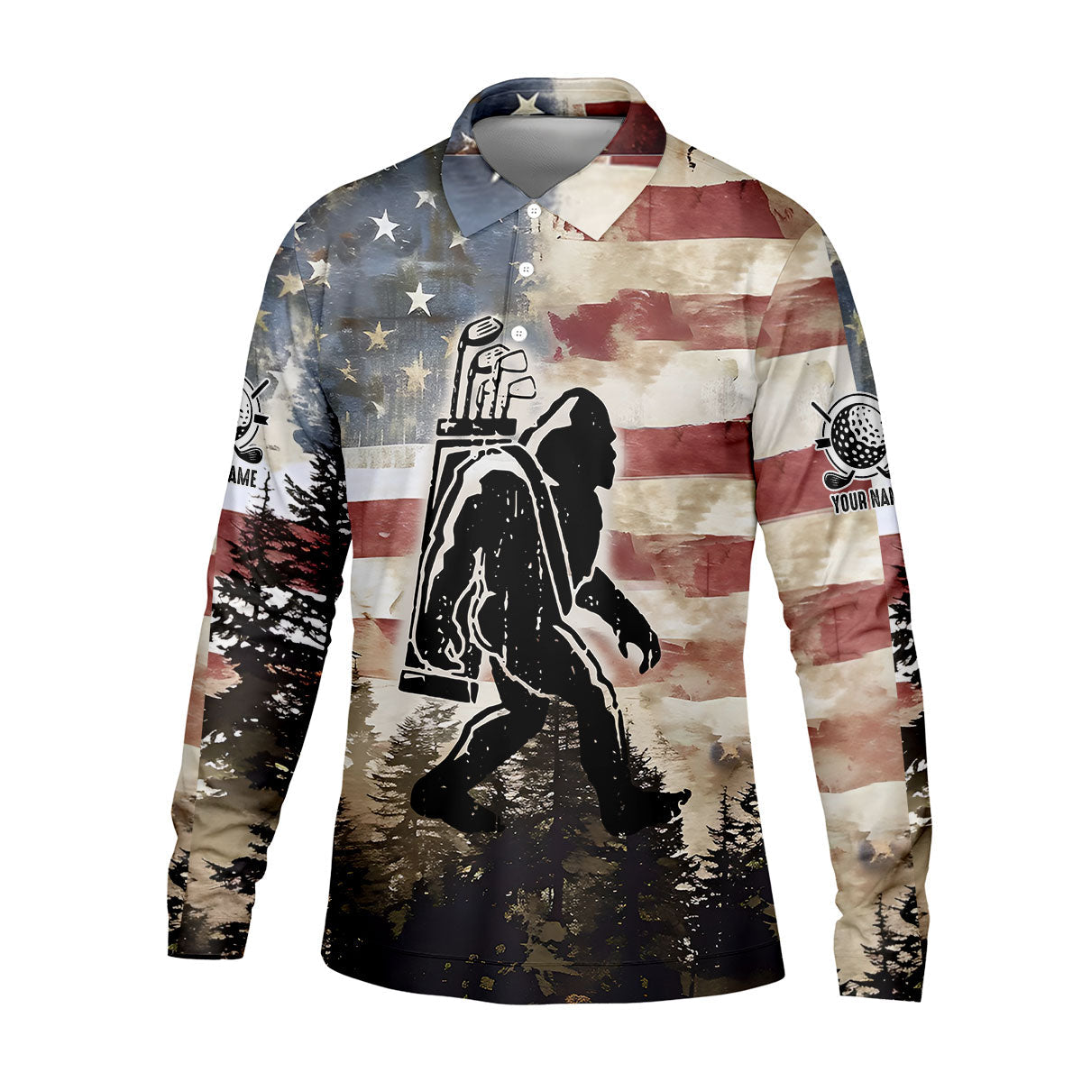 Patriotic Golf Polo Shirts, Bigfoot Golf Shirt, Men's Long Seeve Golf Shirts, Golf Gifts For Men