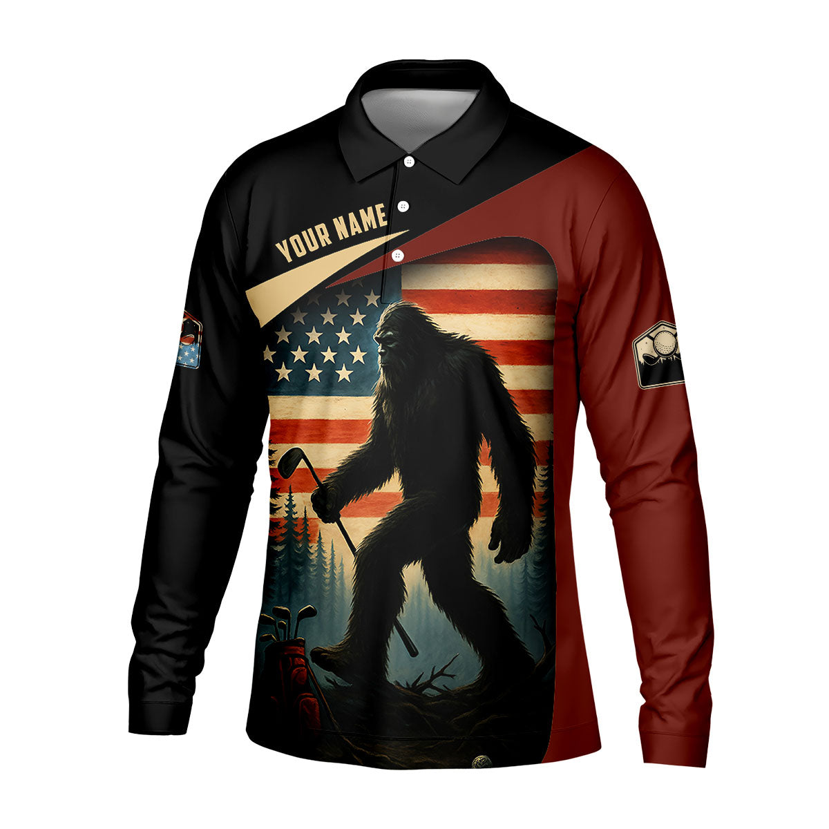 Bigfoot Golf Shirt, Patriotic Golf Polo Shirts, Men's Long Seeve Golf Shirts, Golf Gifts For Men