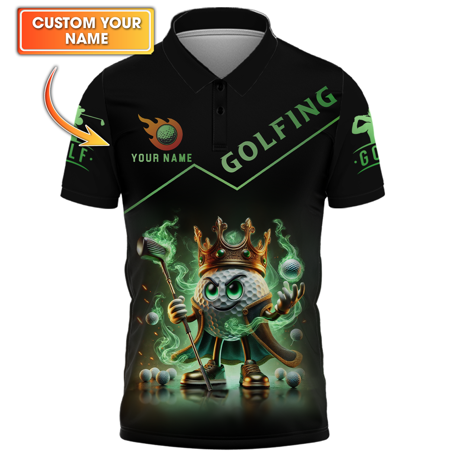 Golf King Green Fire, Custom Name Men's Golf Polo Shirt, Funny Golf Polo Shirt, Gift For Golfers