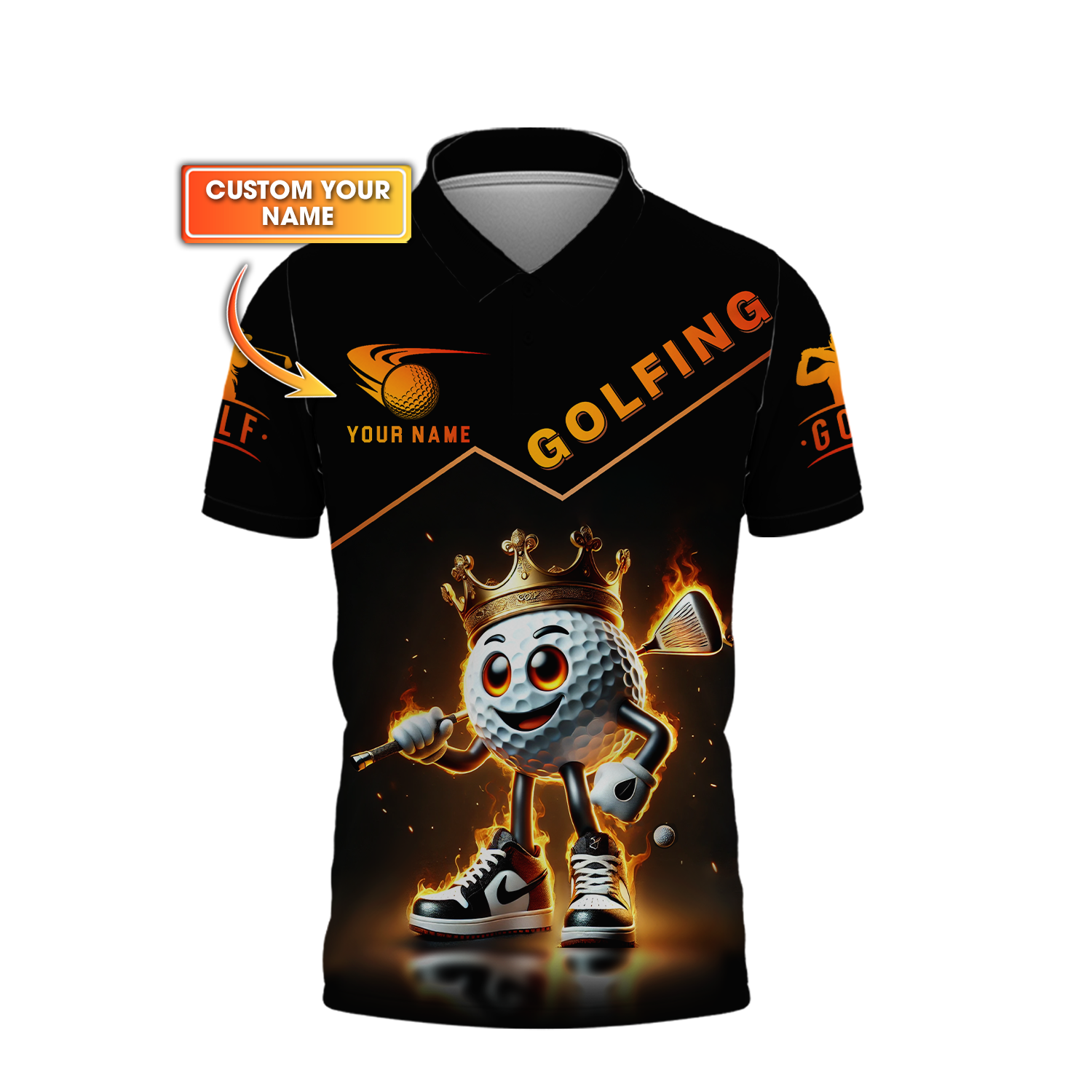 Custom Golf King Fire, Men's Golf Polo Shirt With Name, Golfing Apparel, Gift For Golfers
