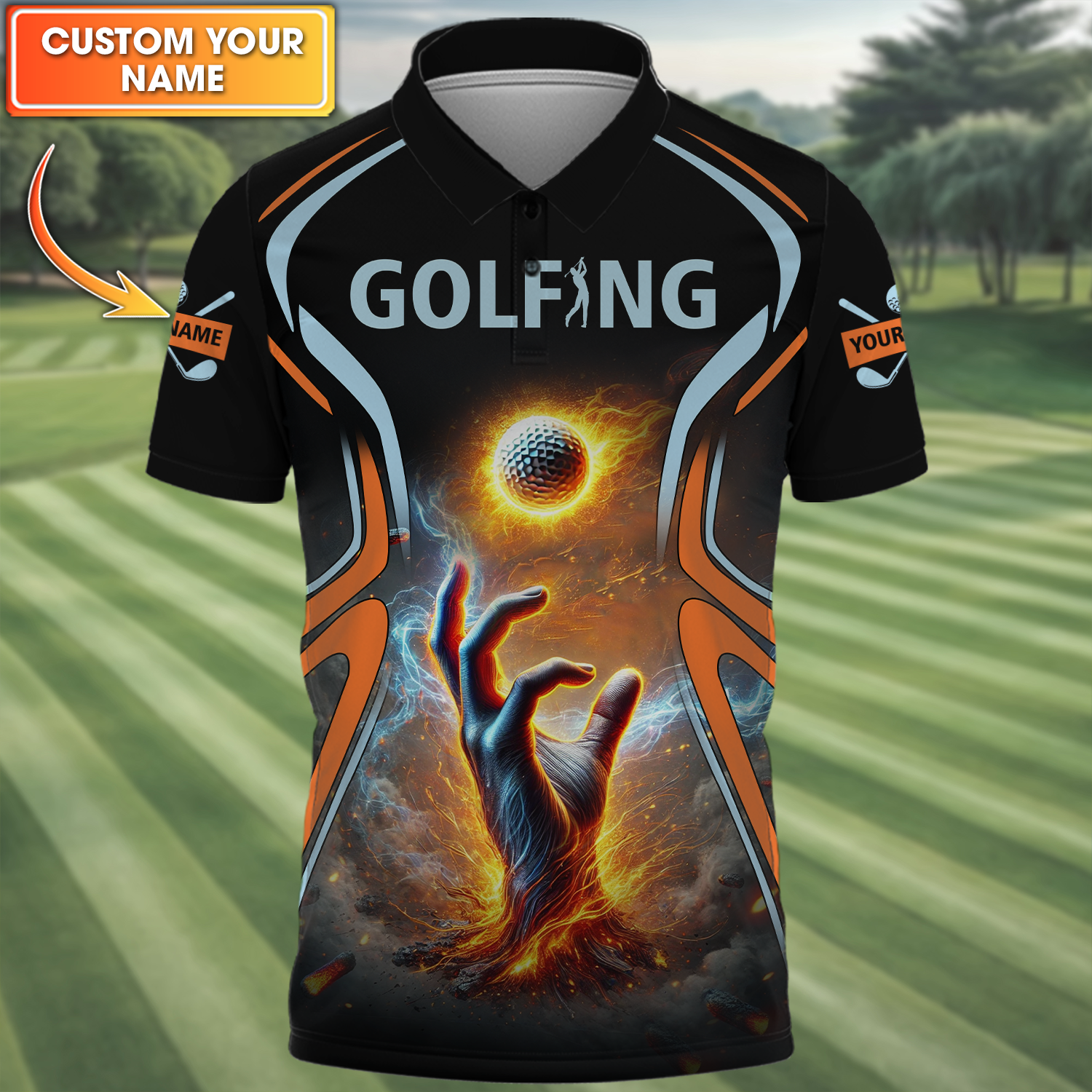 Golf Ball Fire Custom Golfing Men's Golf Polo Shirt, Golfing Apparel, Mens Golf Gift