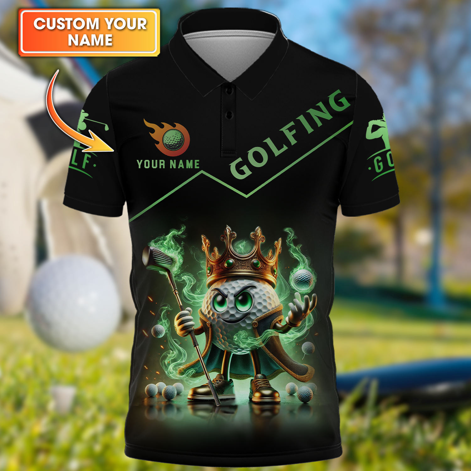 Golf King Green Fire, Custom Name Men's Golf Polo Shirt, Funny Golf Polo Shirt, Gift For Golfers