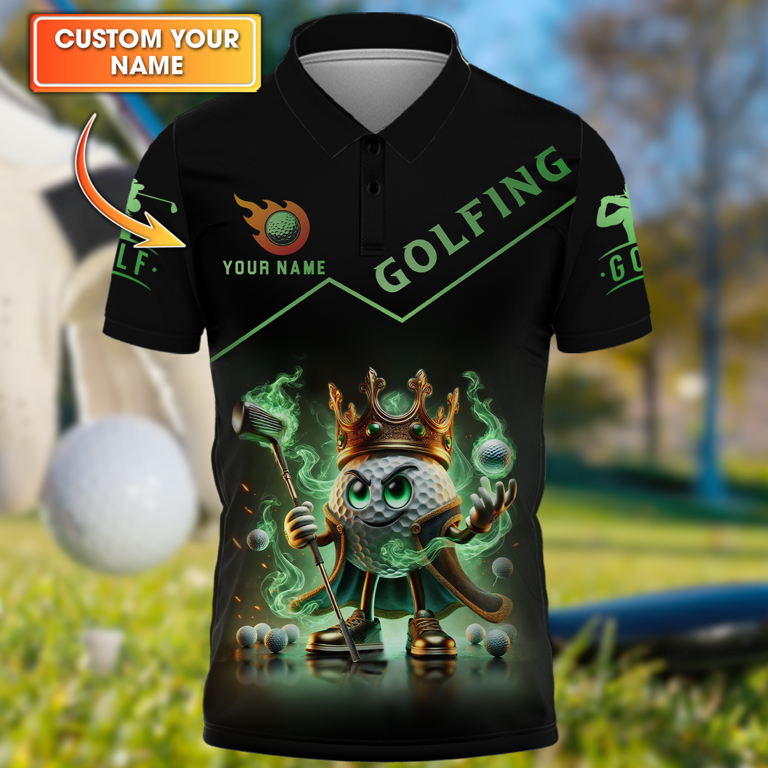 Golf King Green Fire, Custom Name Men's Golf Polo Shirt, Funny Golf Polo Shirt, Gift For Golfers