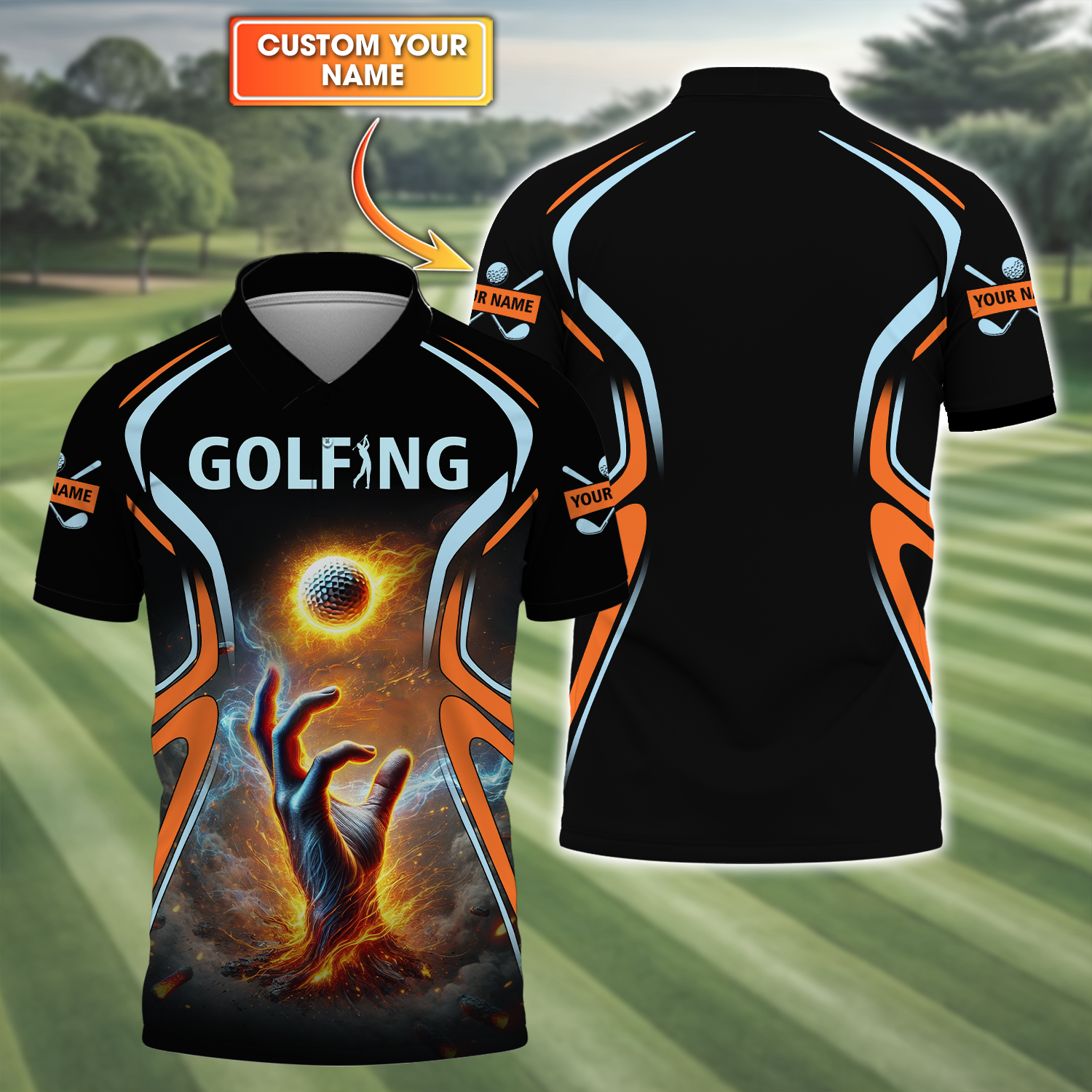 Golf Ball Fire Custom Golfing Men's Golf Polo Shirt, Golfing Apparel, Mens Golf Gift