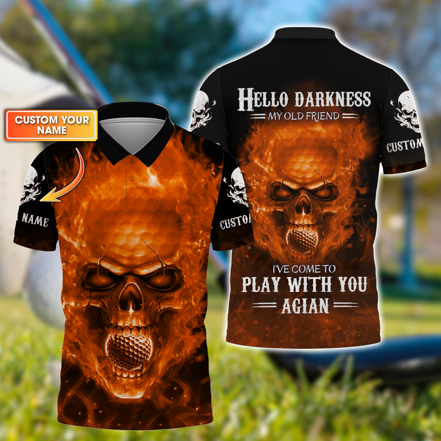 Hello Darkness My Old Flaming Skull Golf Polo Shirt, Golf Apparel, Golf Gift For Men