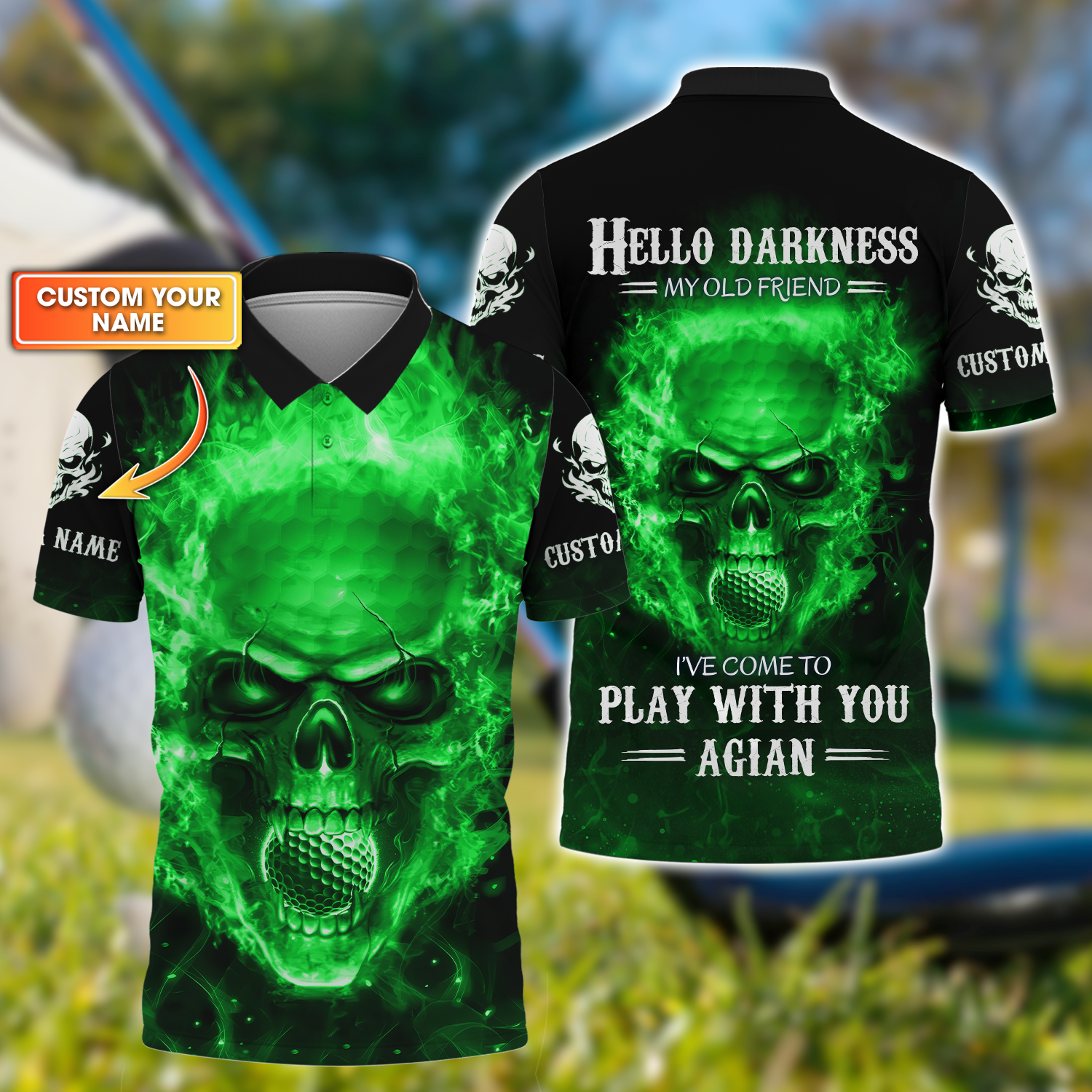 Hello Darkness My Old Green Blue Flame Skull Golf Polo Shirt, Golf Apparel, Golf Gift For Men