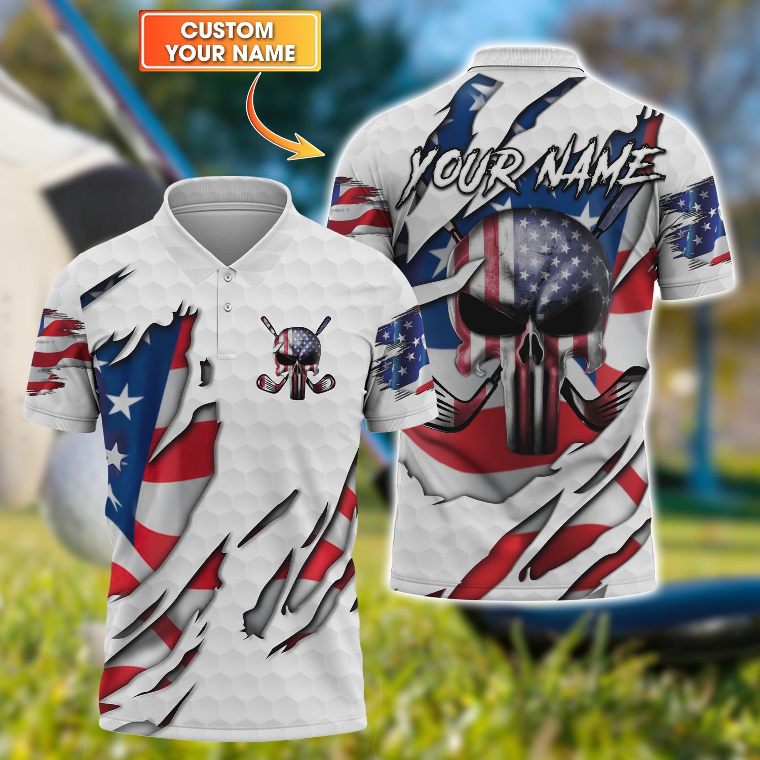American Skull Flag Custom Golf Polo Shirt, Gift For Golfers, Golf Gift For Men