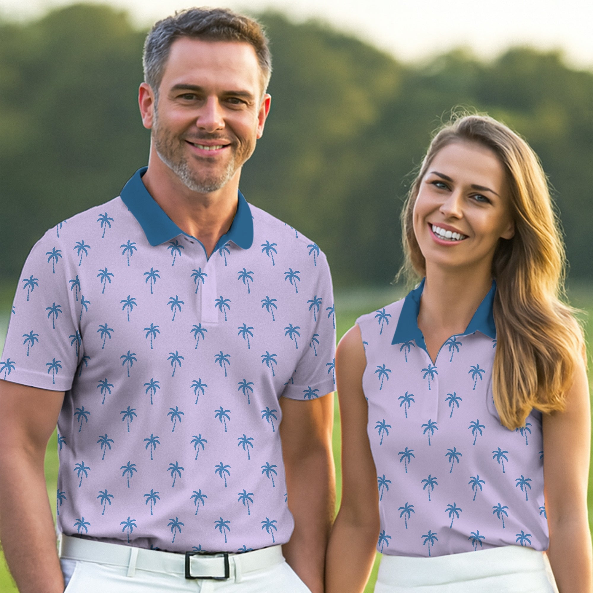 Palm Tree Pattern Hawaiian Polo Golf Shirts, Mens Hawaiian Golf Shirts, Matching Golf Shirts For Couple