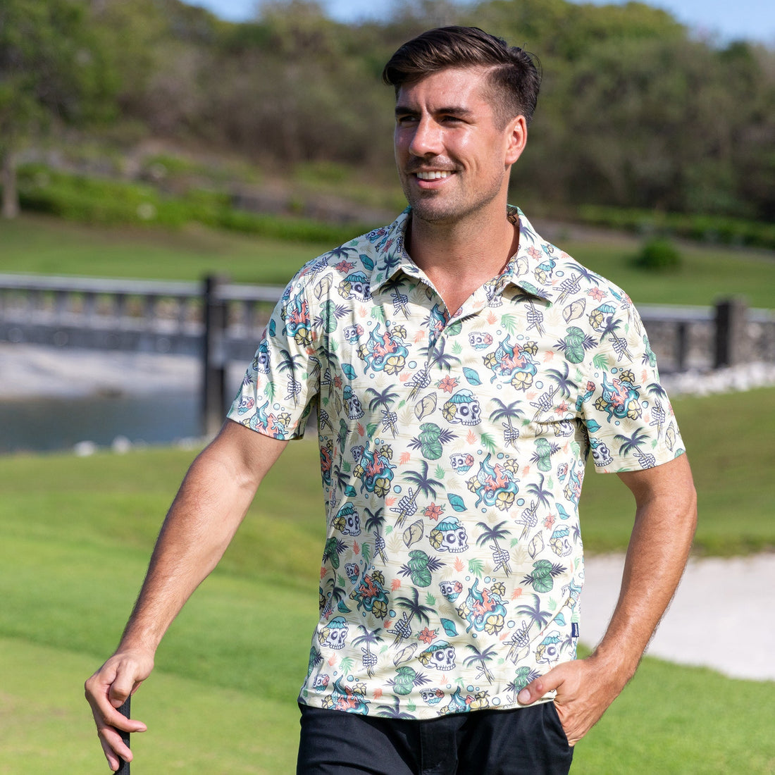 Tropical Wilderness Skull Men's Golf Polo Shirt, Skull Golf Shirt, Gift For Golfers