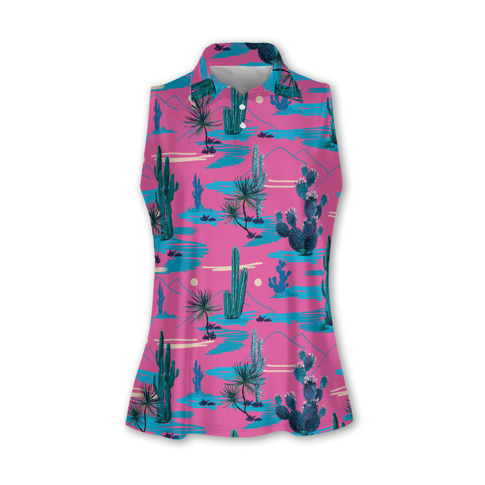 Desert Cactus Sleeveless Womens Golf Shirts, Western Golf Shirts Women, Ladies Long Sleeve Golf Shirts