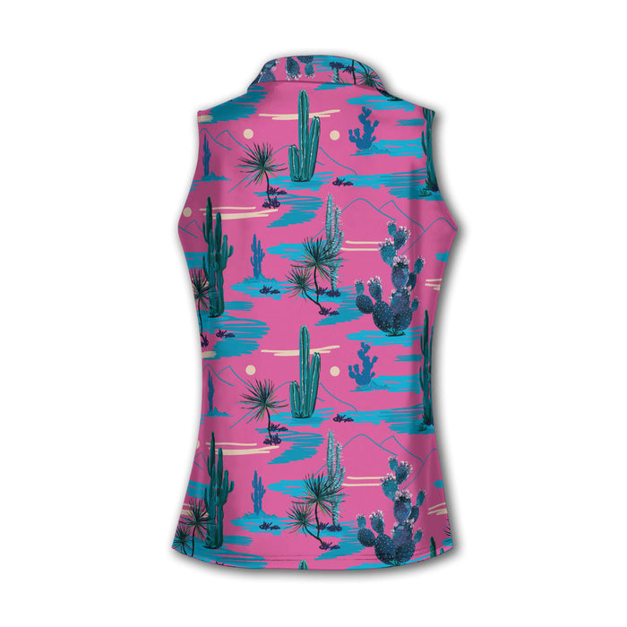Desert Cactus Sleeveless Womens Golf Shirts, Western Golf Shirts Women, Ladies Long Sleeve Golf Shirts