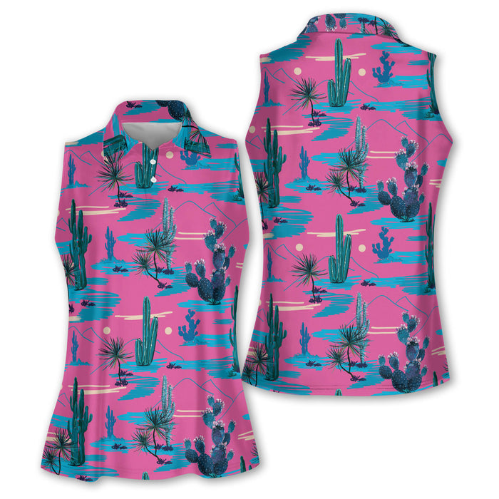 Desert Cactus Sleeveless Womens Golf Shirts, Western Golf Shirts Women, Ladies Long Sleeve Golf Shirts
