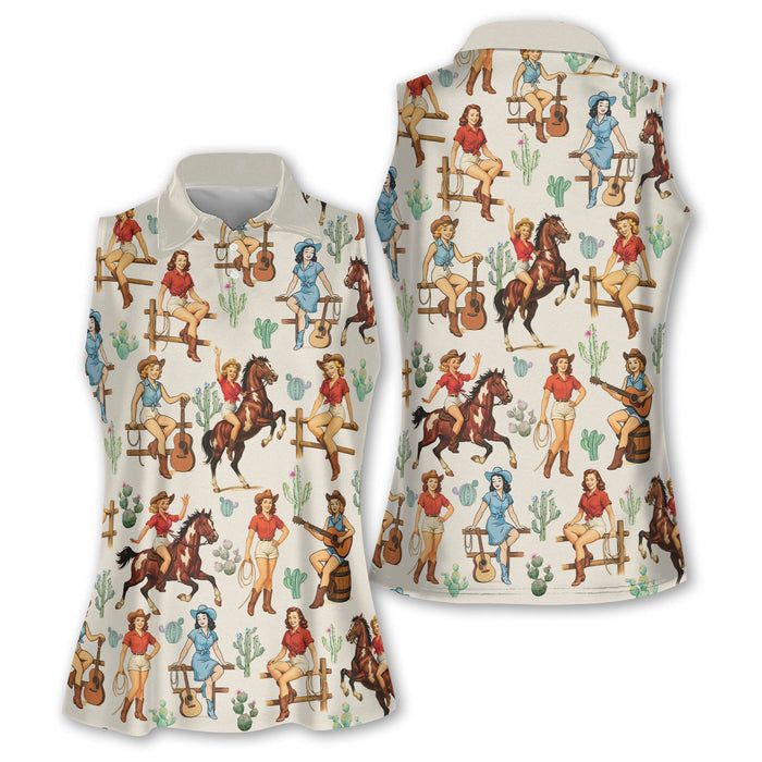 Beige Western Golf Shirts Women, Sleeveless Womens Golf Shirts, Funny Women's Golf Outfits
