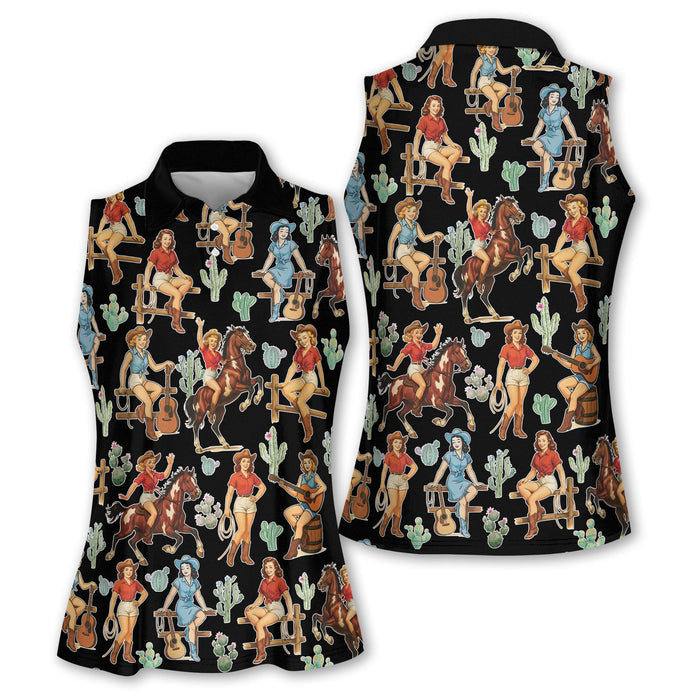 Cowgirl Sleeveless Golf Shirts, Western Golf Shirts Women, Custom Ladies Golf Shirt