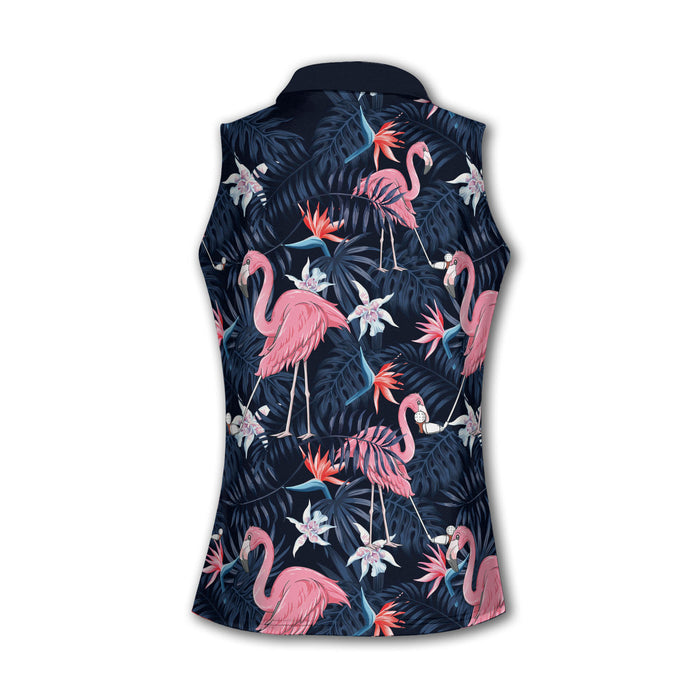 Flamingo Tropical Ladies Sleeveless Golf Shirts, Hawaiian Polo Golf Shirts, Pink Golf Shirt, Golf Gifts For Women