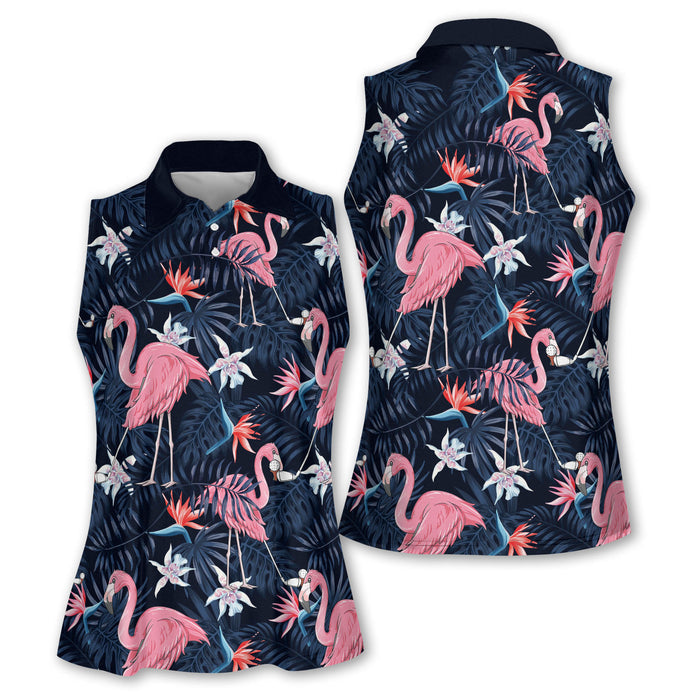 Flamingo Tropical Ladies Sleeveless Golf Shirts, Hawaiian Polo Golf Shirts, Pink Golf Shirt, Golf Gifts For Women