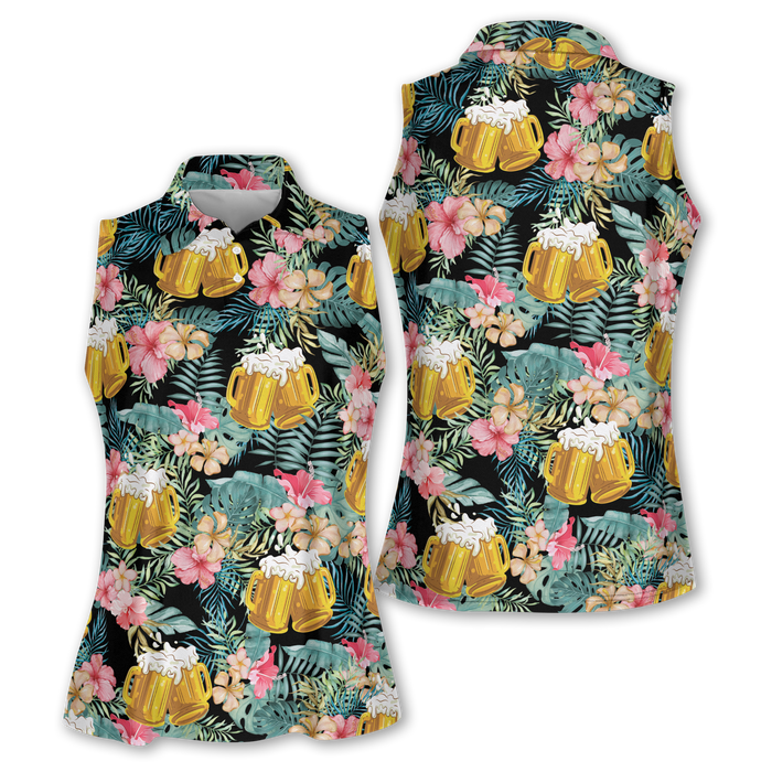 Beer Tropical Womens Golf Polo Shirts, Hawaiian Polo Golf Shirts, Gifts For Beer Lovers, Tropical Golf Shirts