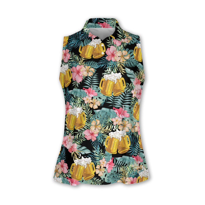 Beer Tropical Womens Golf Polo Shirts, Hawaiian Polo Golf Shirts, Gifts For Beer Lovers, Tropical Golf Shirts